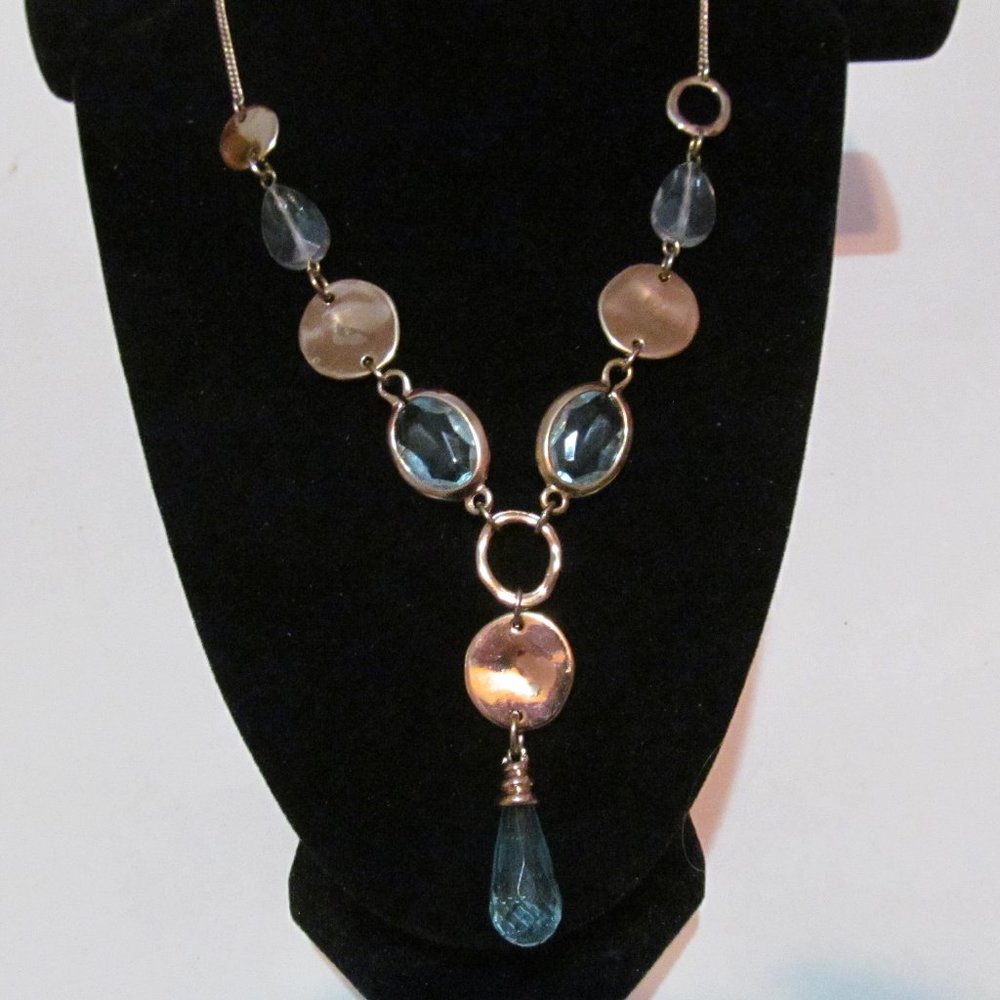 Gold tone necklace blue beads gold tabs blue pendent signed